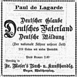 Annonce für de Lagardes Schrift "Deutscher Glaube, Deutsches Vaterland, Deutsche Bildung" in den Bozner Nachrichten von 1913; Quelle: N.A., via Wikimedia Commons.